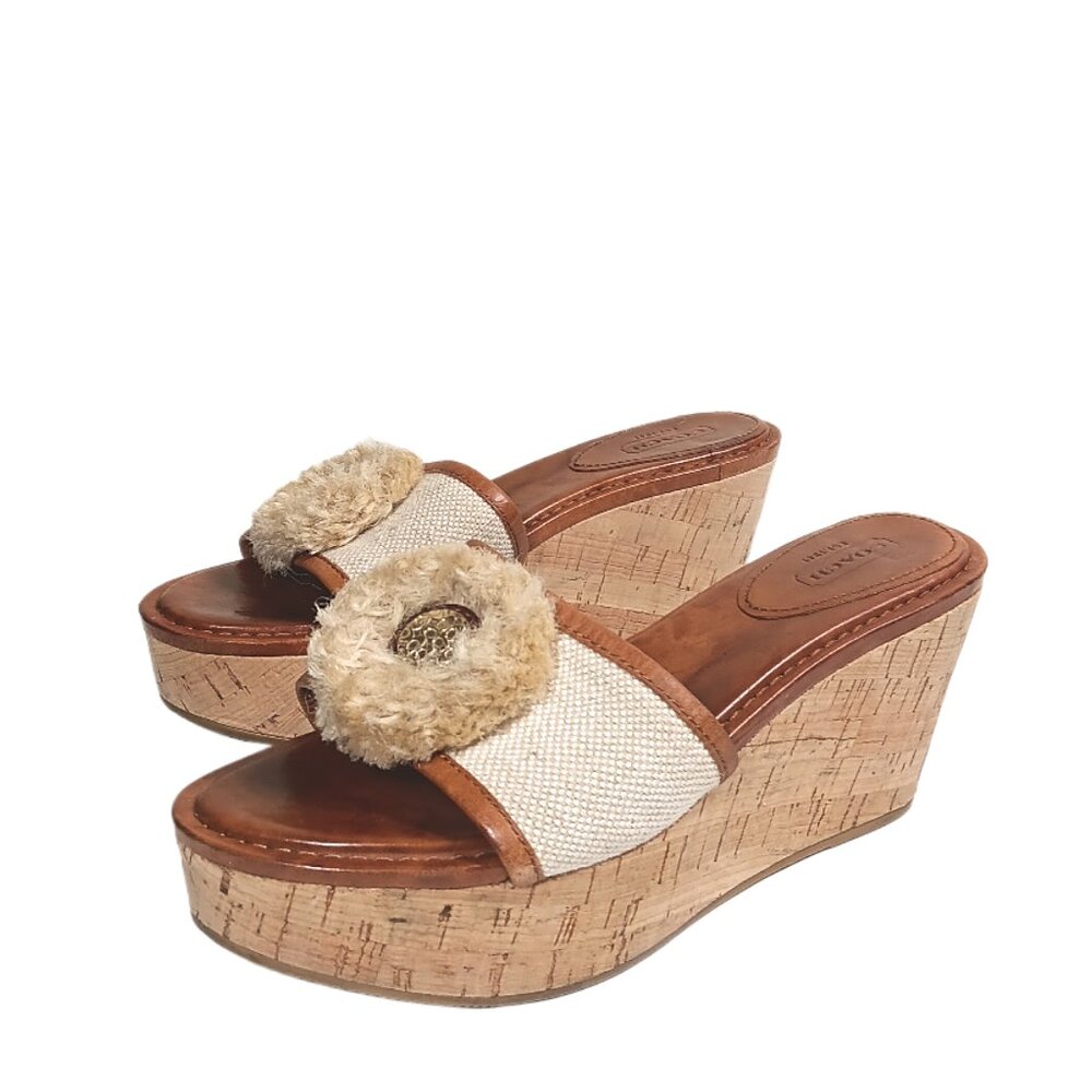 Coach Mule Sandals Womens 8 Tan Canvas Leather Trim Shearling Wedge Sandals
